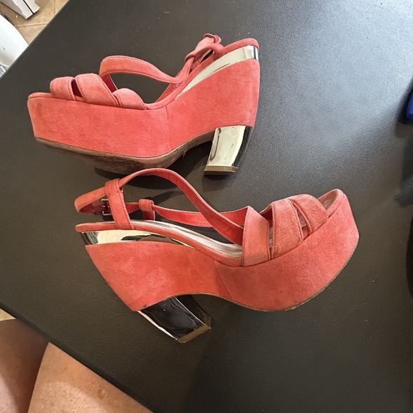 Miu Miu Suede Sandals Coral/Melon Colour Wedge Platform US 8/8.5 EU 38 1/2 - Picture 15 of 16